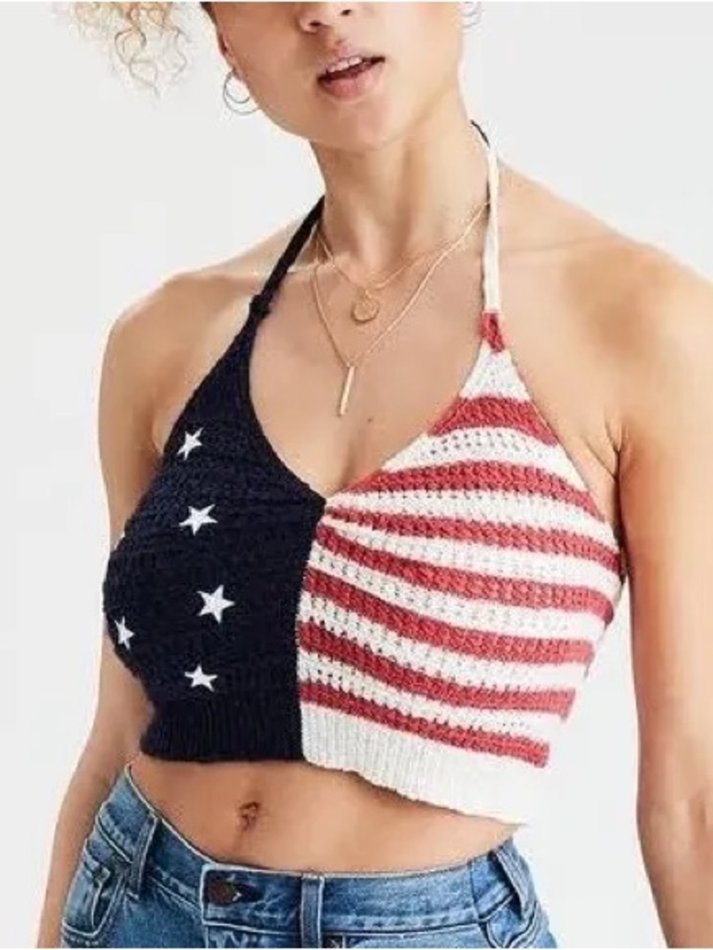 American Eagle Outfitters Crochet Halter Crop Top - Blue, Red, White